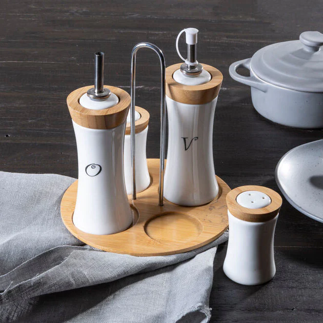 Dela 4pc Bamboo And Ceramic Condiment Set