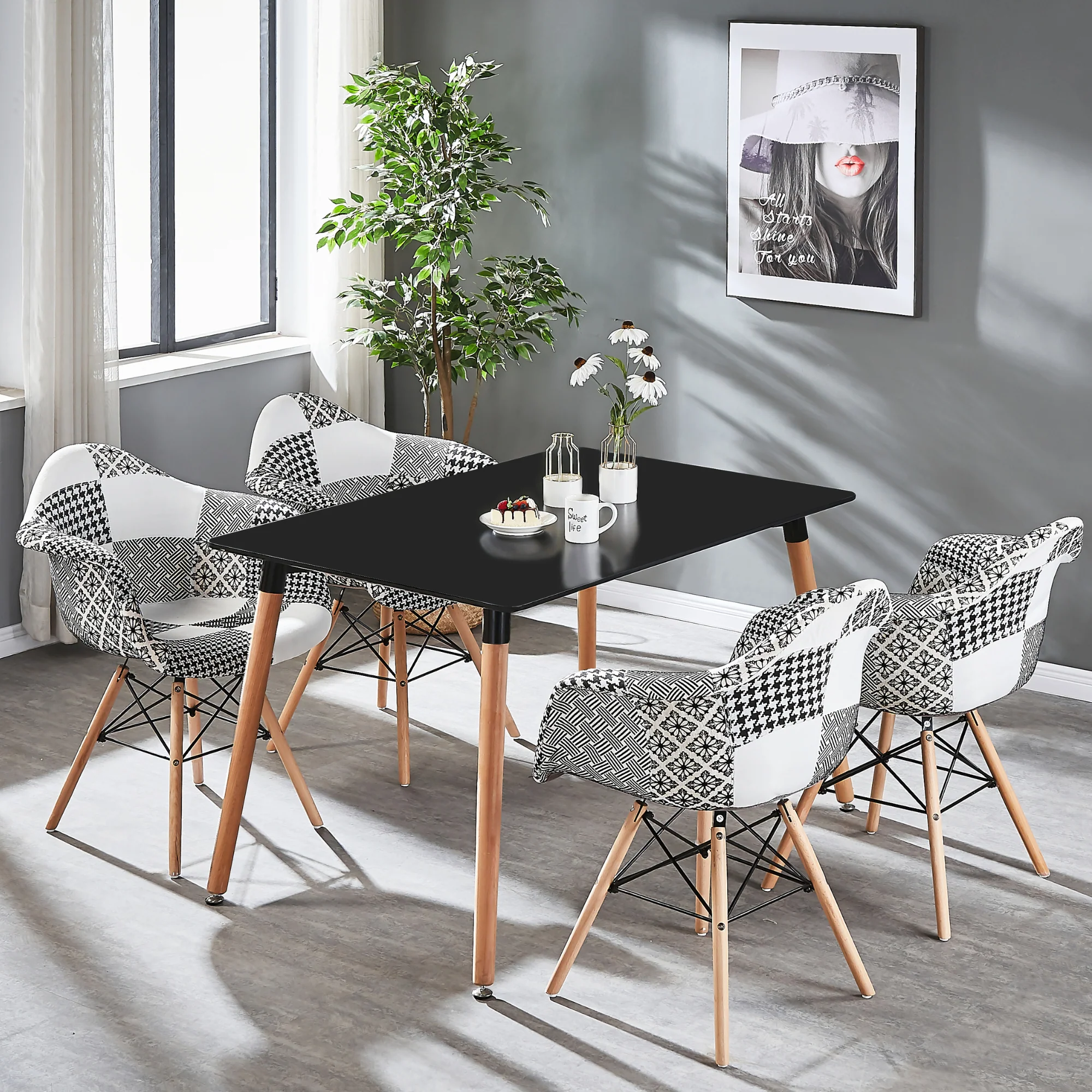 5PCs Dining Set - a Black Halo Dining Table & Set of 4 Black/White Patchwork Accent Chairs - Image 2