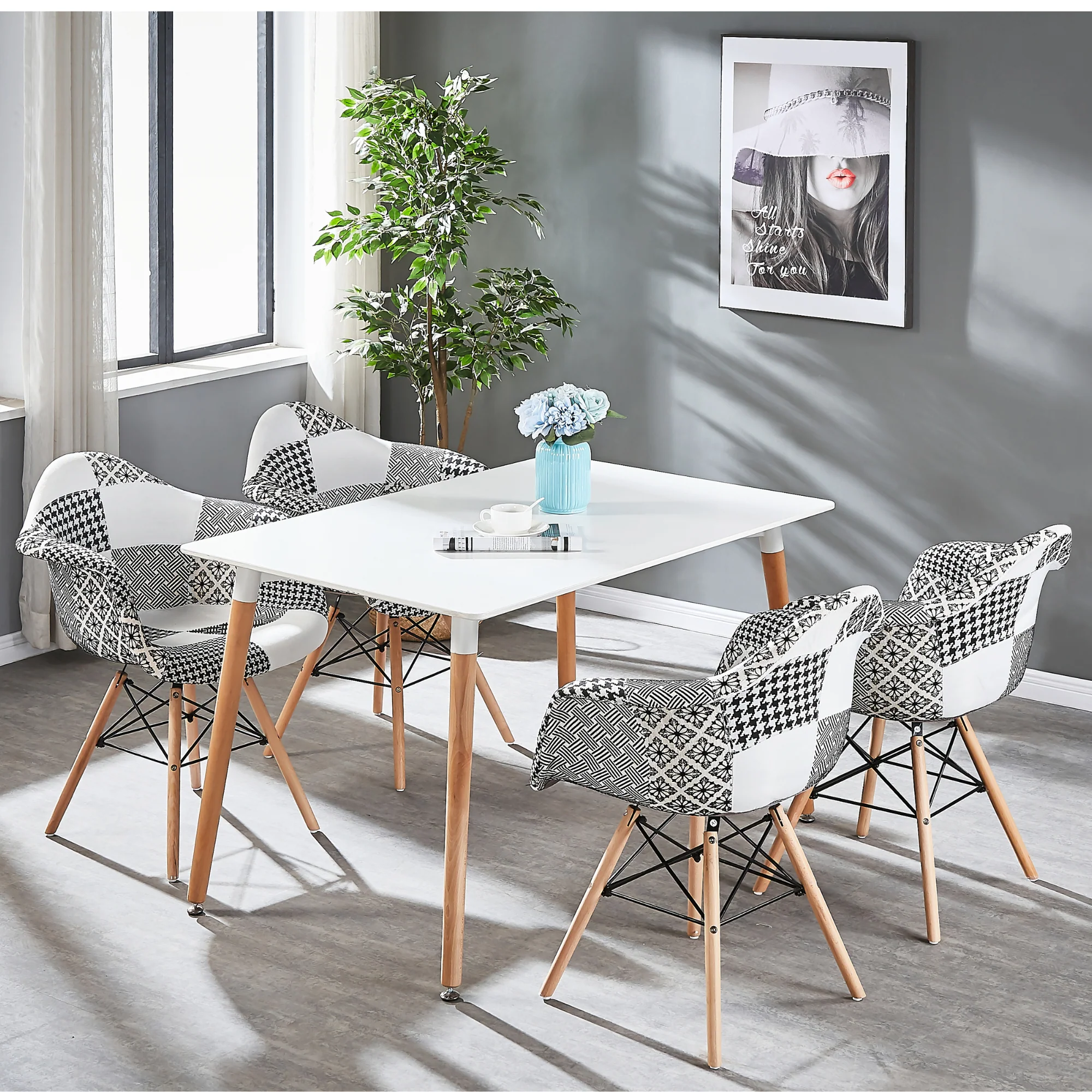 5PCs Dining Set - a White Halo Dining Table & Set of 4 Black/White Patchwork Accent Chairs - Image 2