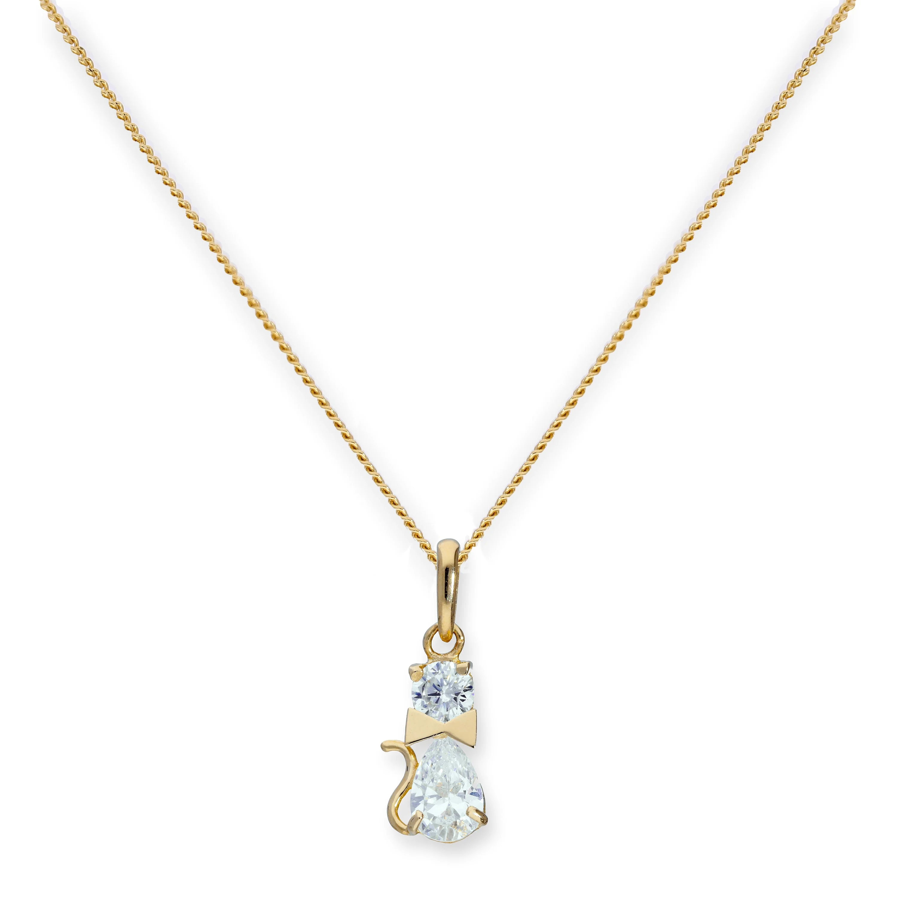 9ct Gold & Clear CZ Crystal Cat w Bow Collar Pendant Necklace 16 - 20 Inches