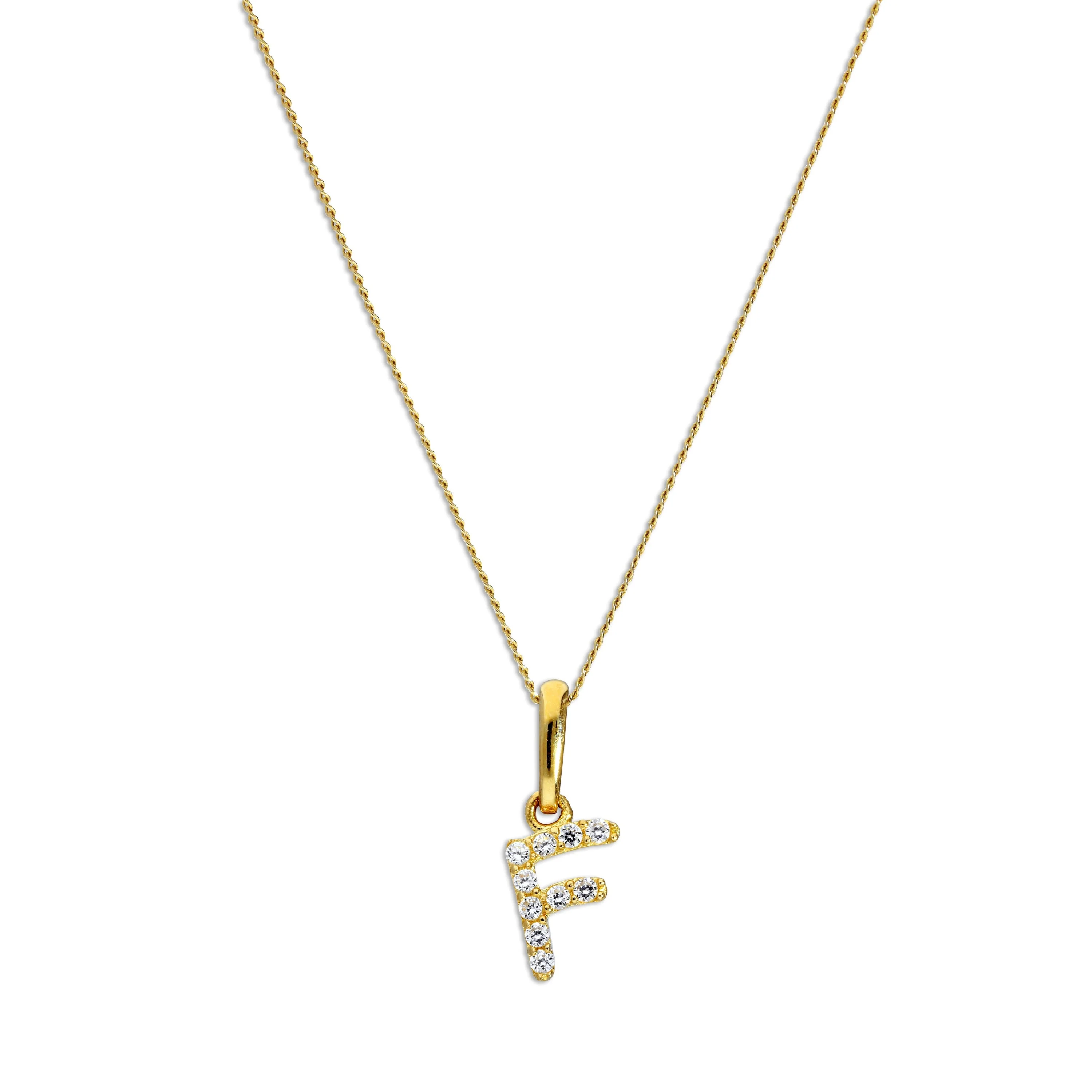 9ct Gold & Clear CZ Crystal Script Alphabet Letter F Necklace 16 - 20 Inches