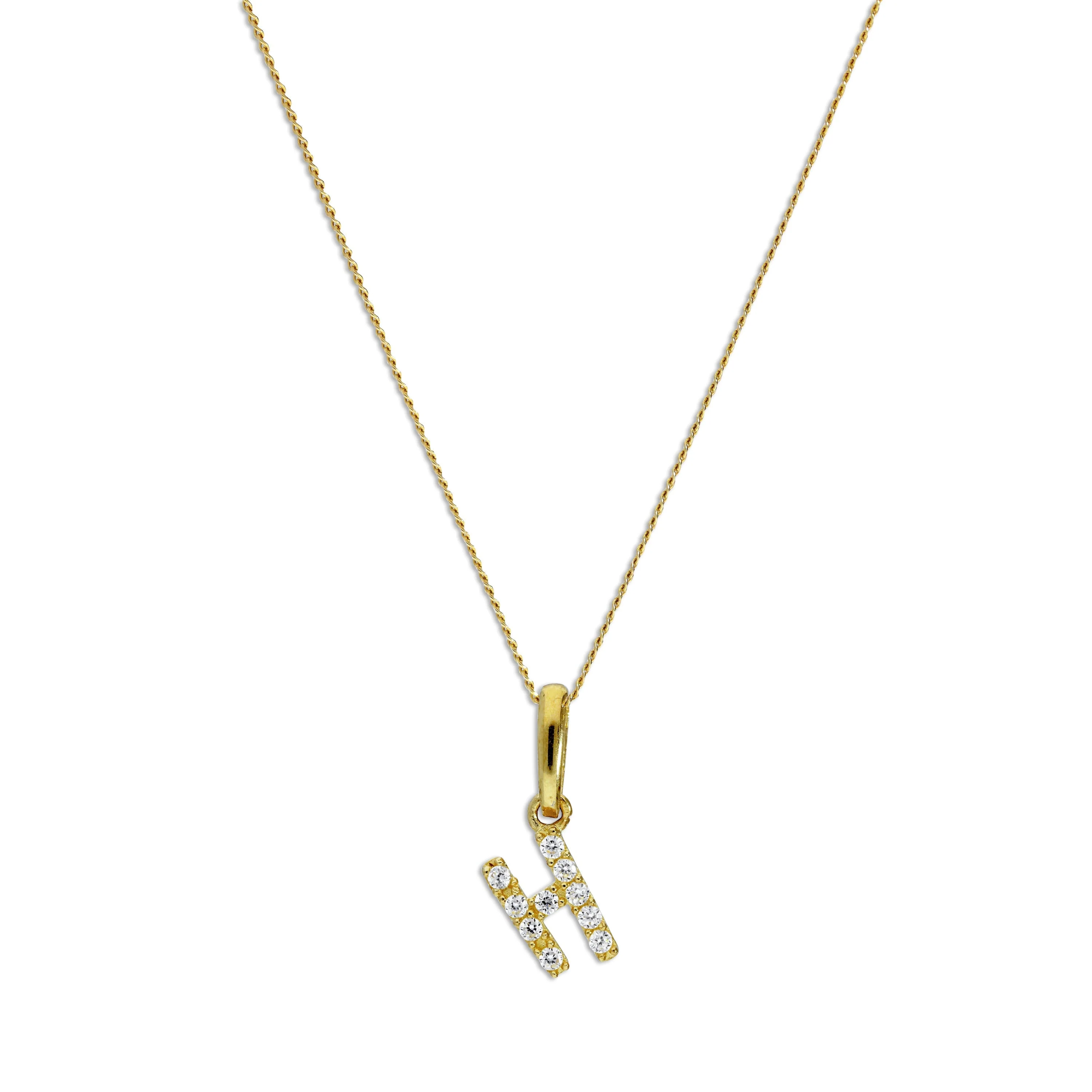 9ct Gold & Clear CZ Crystal Script Alphabet Letter H Necklace 16 - 20 Inches