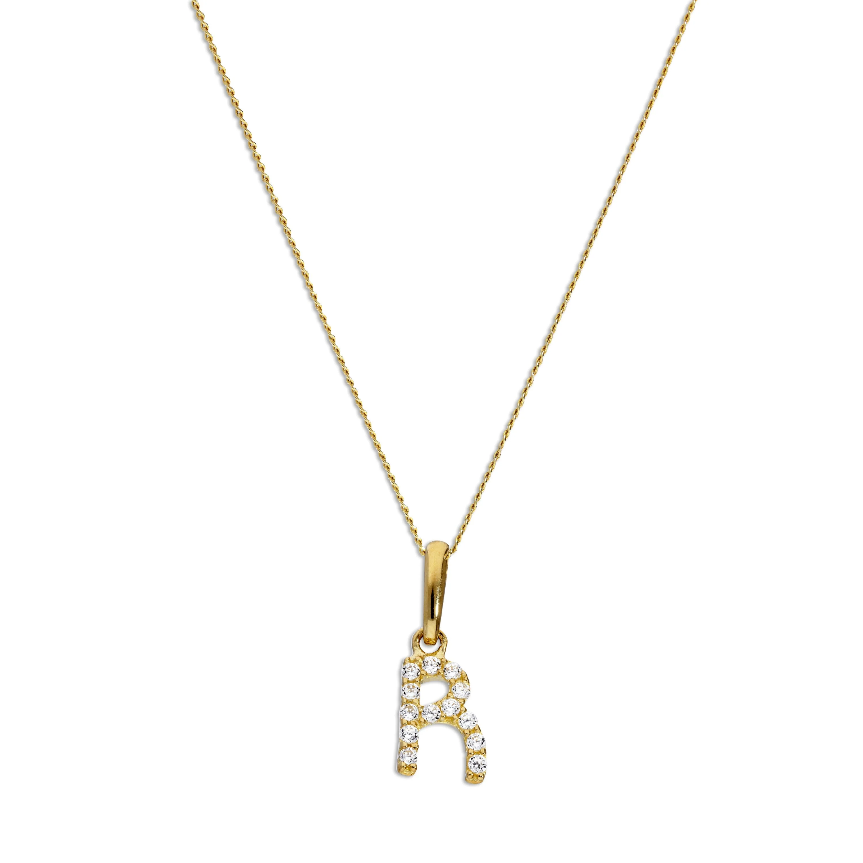 9ct Gold & Clear CZ Crystal Script Alphabet Letter R Necklace 16 - 20 Inches