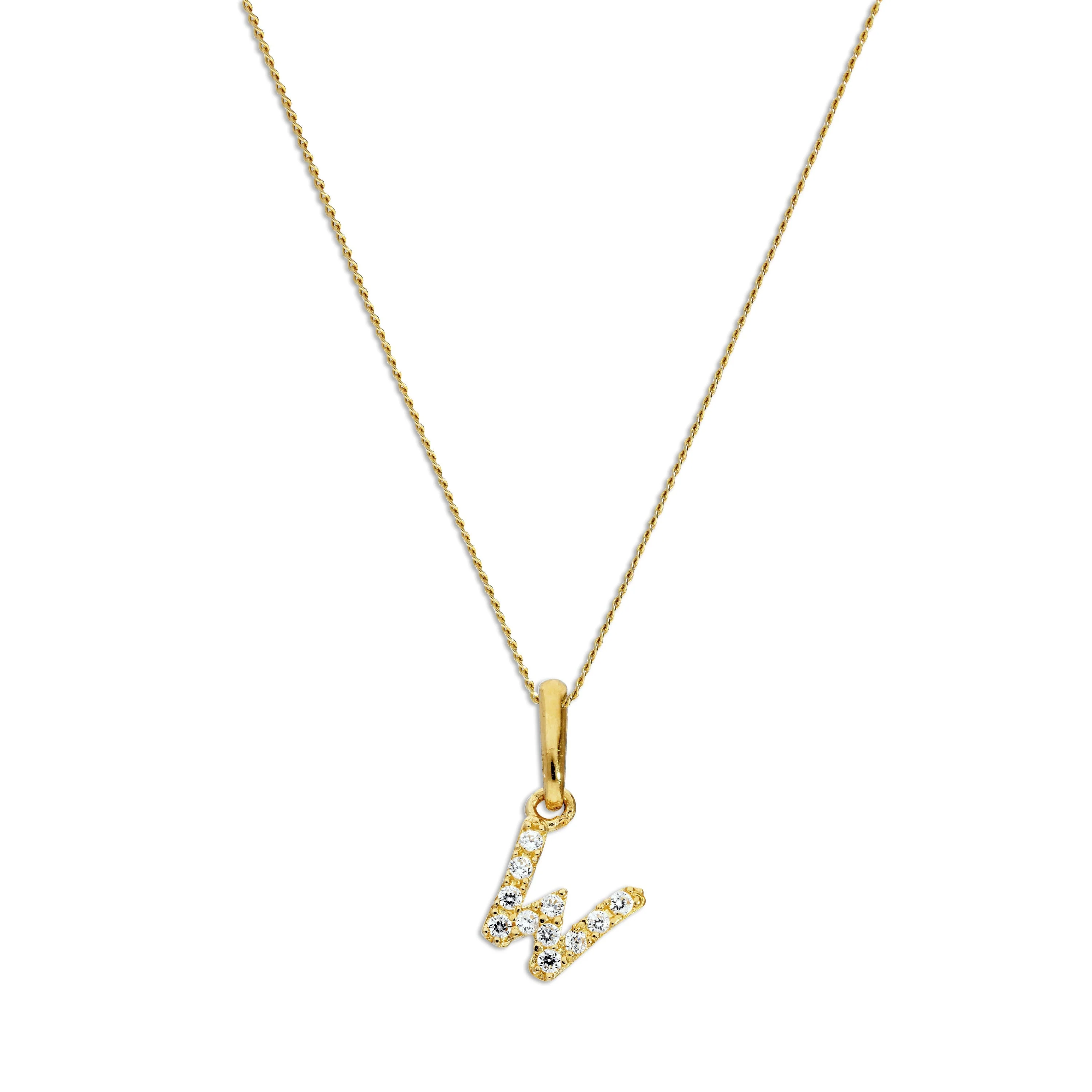 9ct Gold & Clear CZ Crystal Script Alphabet Letter W Necklace 16 - 20 Inches