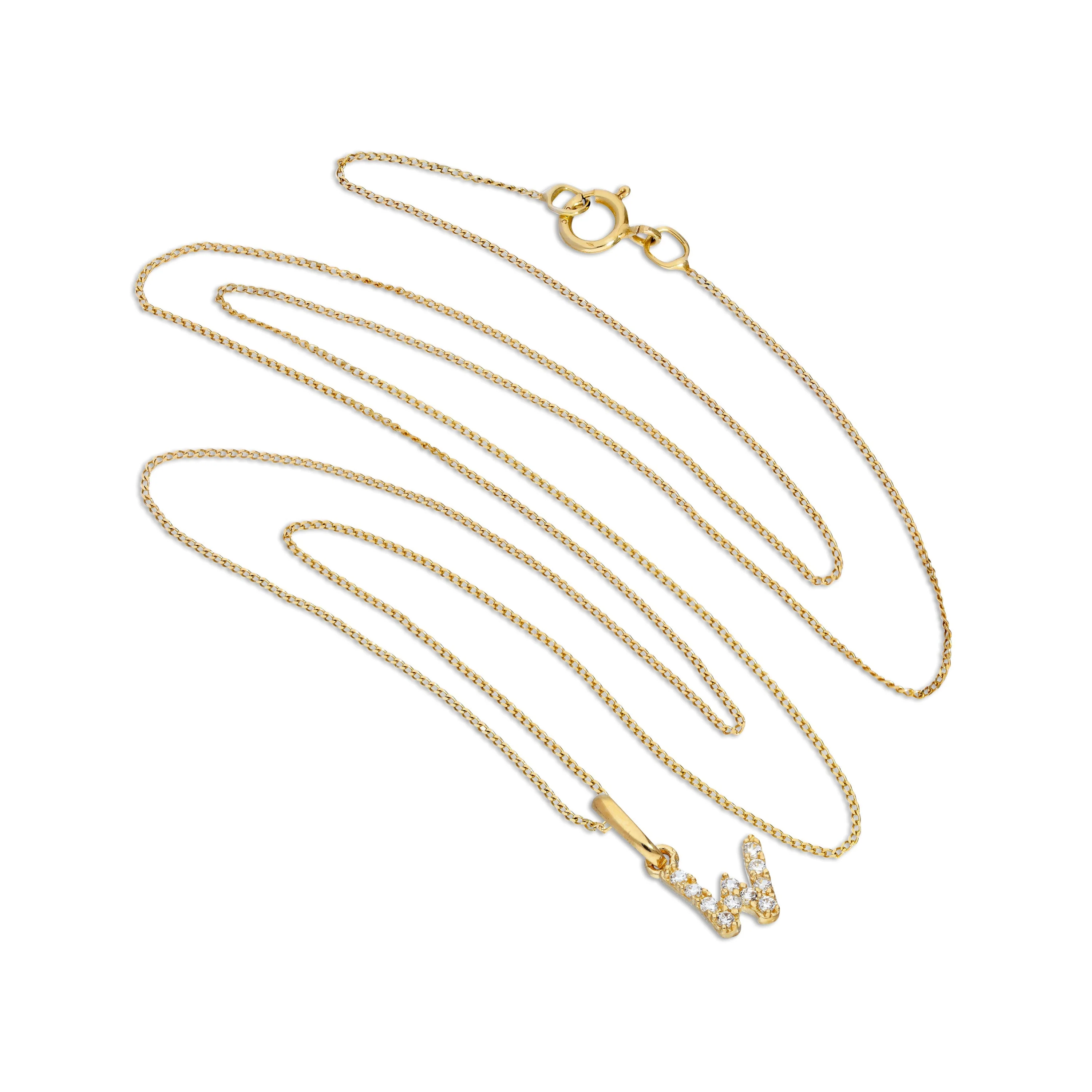 9ct Gold & Clear CZ Crystal Script Alphabet Letter W Necklace 16 - 20 Inches - Image 2