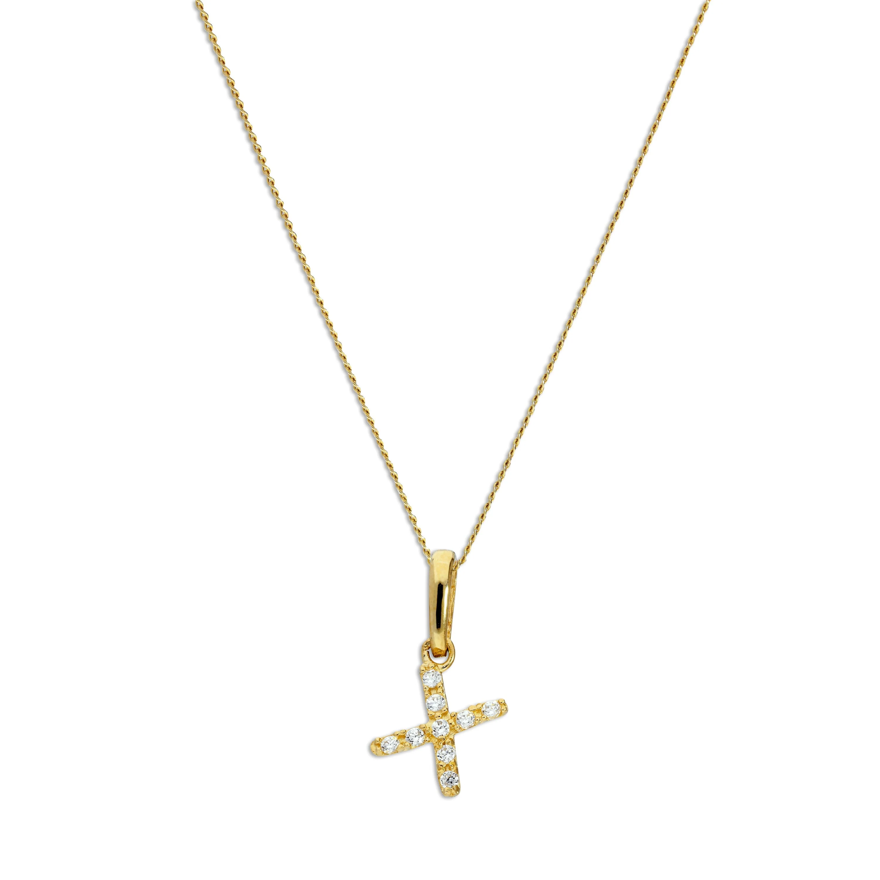 9ct Gold & Clear CZ Crystal Script Alphabet Letter X Necklace 16 - 20 Inches