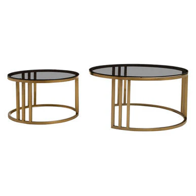 Set of 2 Tinted Glass Round Tops Nesting Coffee Tables with Brushed Gold Stainless Steel Frames, Alana - Image 2