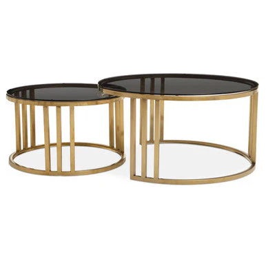 Set of 2 Tinted Glass Round Tops Nesting Coffee Tables with Brushed Gold Stainless Steel Frames, Alana - Image 4