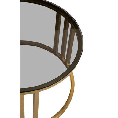 Set of 2 Tinted Glass Round Tops Nesting Coffee Tables with Brushed Gold Stainless Steel Frames, Alana - Image 8