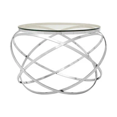 Clear Glass Round Top End Table with Silver Stainless Steel Overlapping Hoop Base, Allure - Image 2