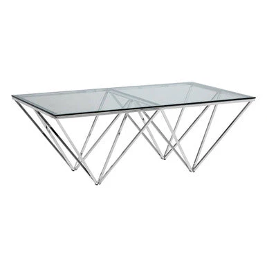 Clear Tempered Glass Coffee Table with Chrome Metal Triangular Base, Allure - Image 3