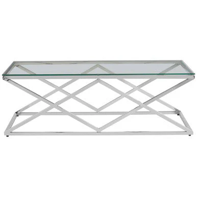 Silver Reflective Stainless Steel Coffee Table with Clear Tempered Glass Top, Allure - Image 2