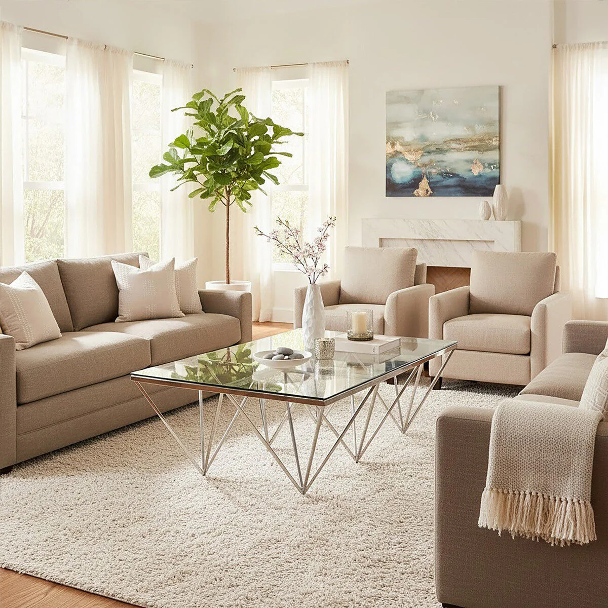 Silver Prismatic Base Coffee Table with Clear Glass Top and 6 Pincer Style Legs, Allure - Image 3