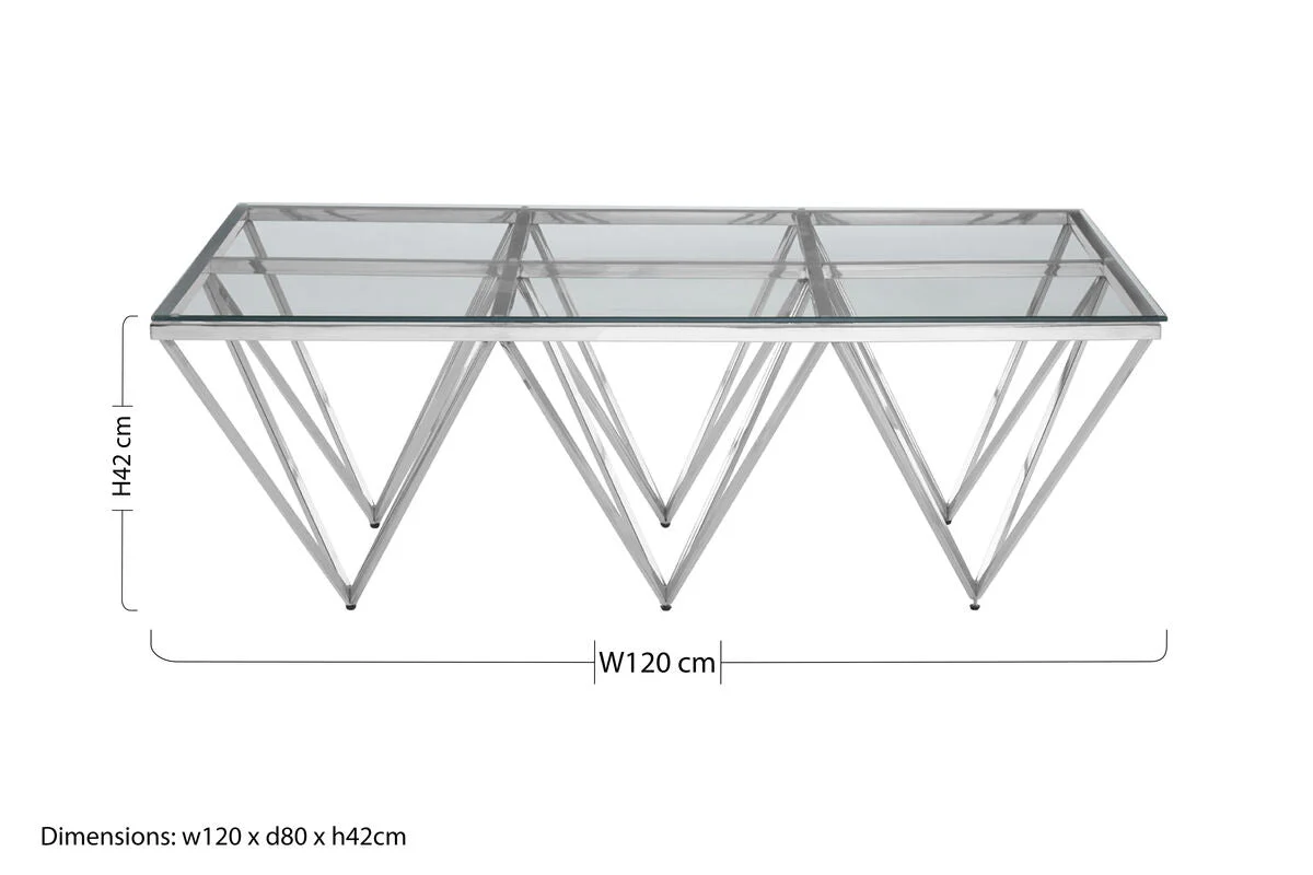 Silver Prismatic Base Coffee Table with Clear Glass Top and 6 Pincer Style Legs, Allure - Image 9