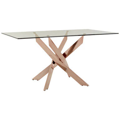Rectangular Tempered Glass Top Dining Table with Intersecting Rose Gold Stainless Steel Base, Allure - Image 2