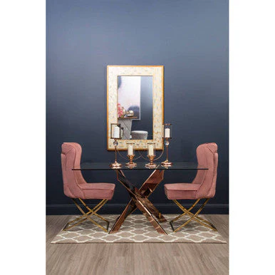 Rectangular Tempered Glass Top Dining Table with Intersecting Rose Gold Stainless Steel Base, Allure - Image 3