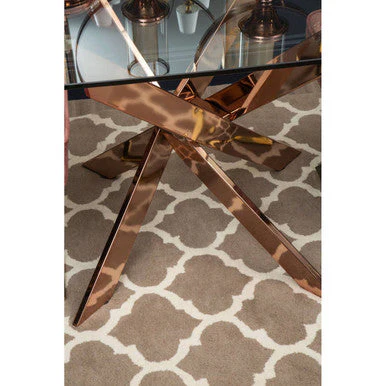 Rectangular Tempered Glass Top Dining Table with Intersecting Rose Gold Stainless Steel Base, Allure - Image 4