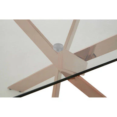 Rectangular Tempered Glass Top Dining Table with Intersecting Rose Gold Stainless Steel Base, Allure - Image 5