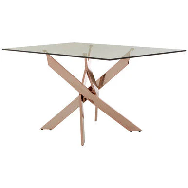 Rectangular Tempered Glass Top Dining Table with Intersecting Rose Gold Stainless Steel Base, Allure - Image 6