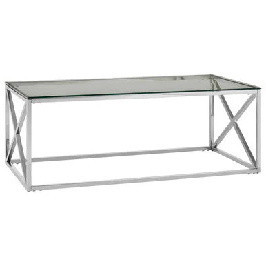 Silver Finish Coffee Table with Cross Frame and Tempered Glass Top, Allure - Image 4