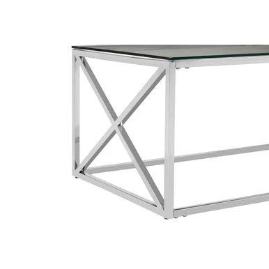 Silver Finish Coffee Table with Cross Frame and Tempered Glass Top, Allure - Image 7