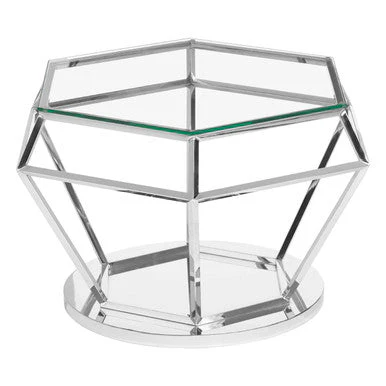 Silver Finish Diamond Design End Table with Clear Tempered Glass Top, Allure - Image 2
