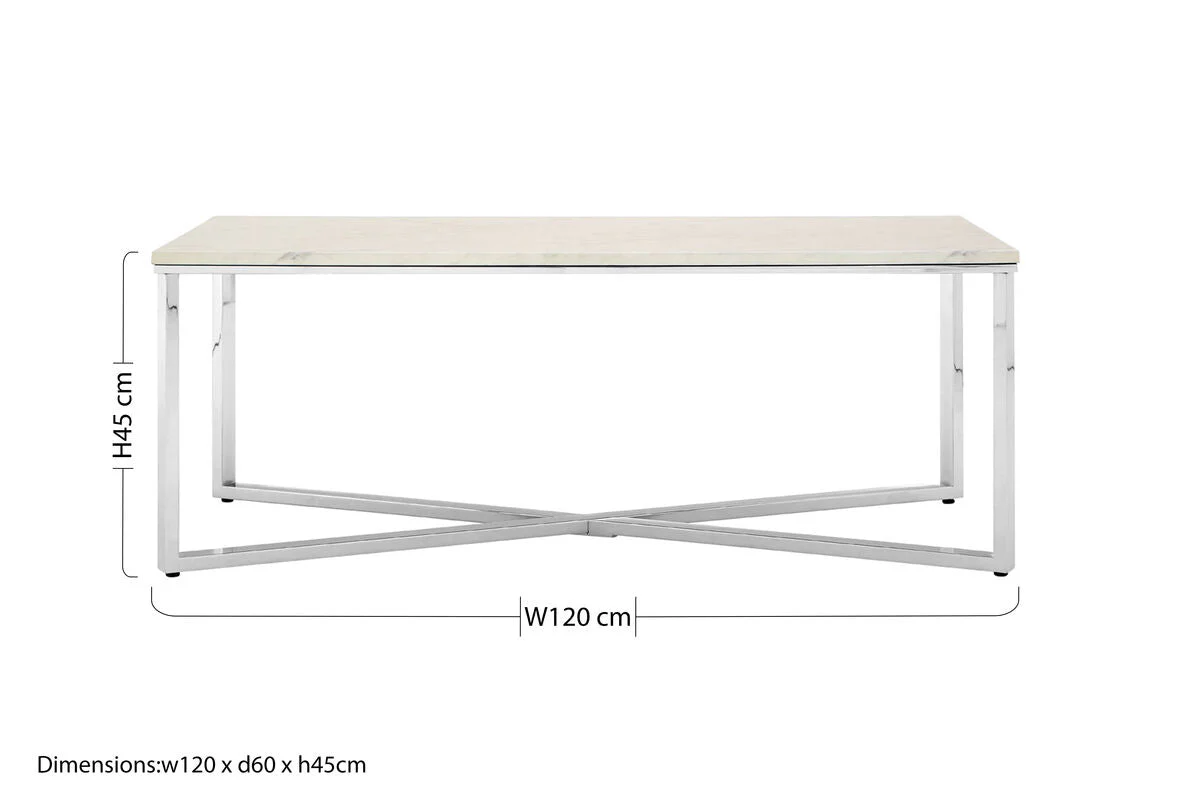 White Faux Marble Coffee Table with Chrome Lattice Leg Design, Allure - Image 5