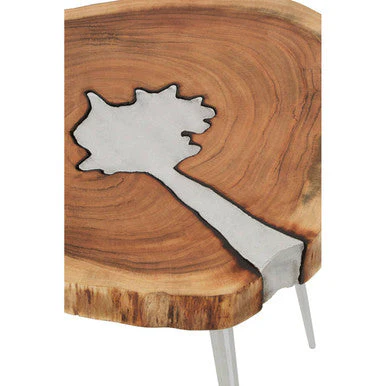 Natural Acacia Wood Slice Side Table with Silver Metallic Centre and Aluminium Legs, Almora - Image 4