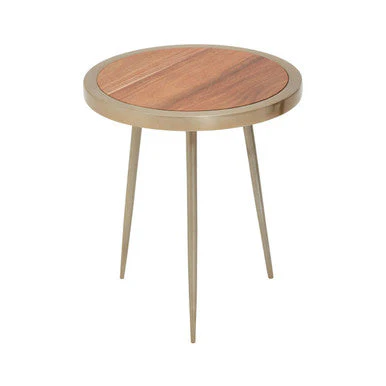 Natural Acacia Wood Small Round Side Table with Gold Aluminium Border and Legs, Almora - Image 2