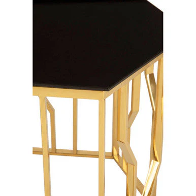Gold Tone Stainless Steel Hexagonal Side Table with Black Glass Top, Alvaro - Image 3