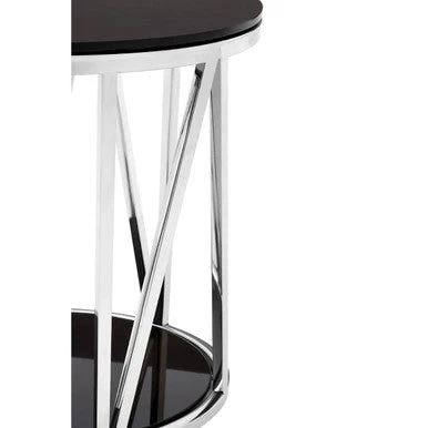 Black Tempered Glass Round Side Table with Chrome Reflective Stainless Steel Base, Alvaro - Image 4