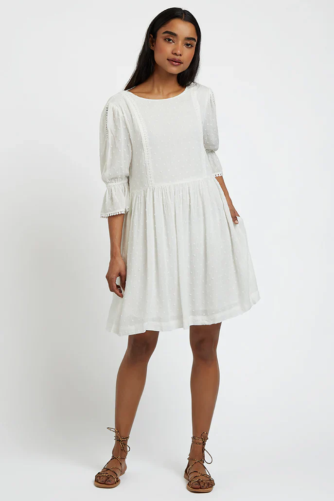 Amarine Self Dot White Square Back 3/4 Sleeve Mini Dress