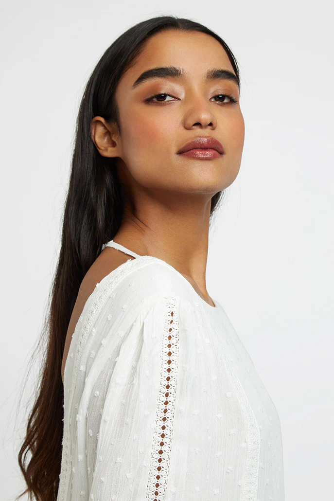 Amarine Self Dot White Square Back 3/4 Sleeve Mini Dress - Image 3