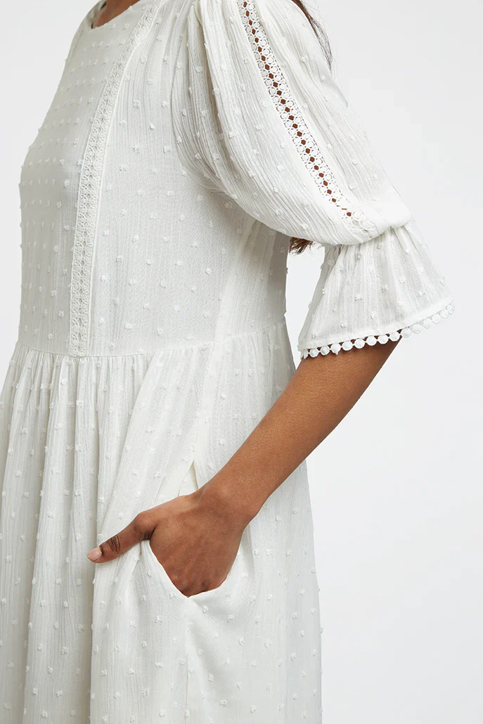 Amarine Self Dot White Square Back 3/4 Sleeve Mini Dress - Image 4