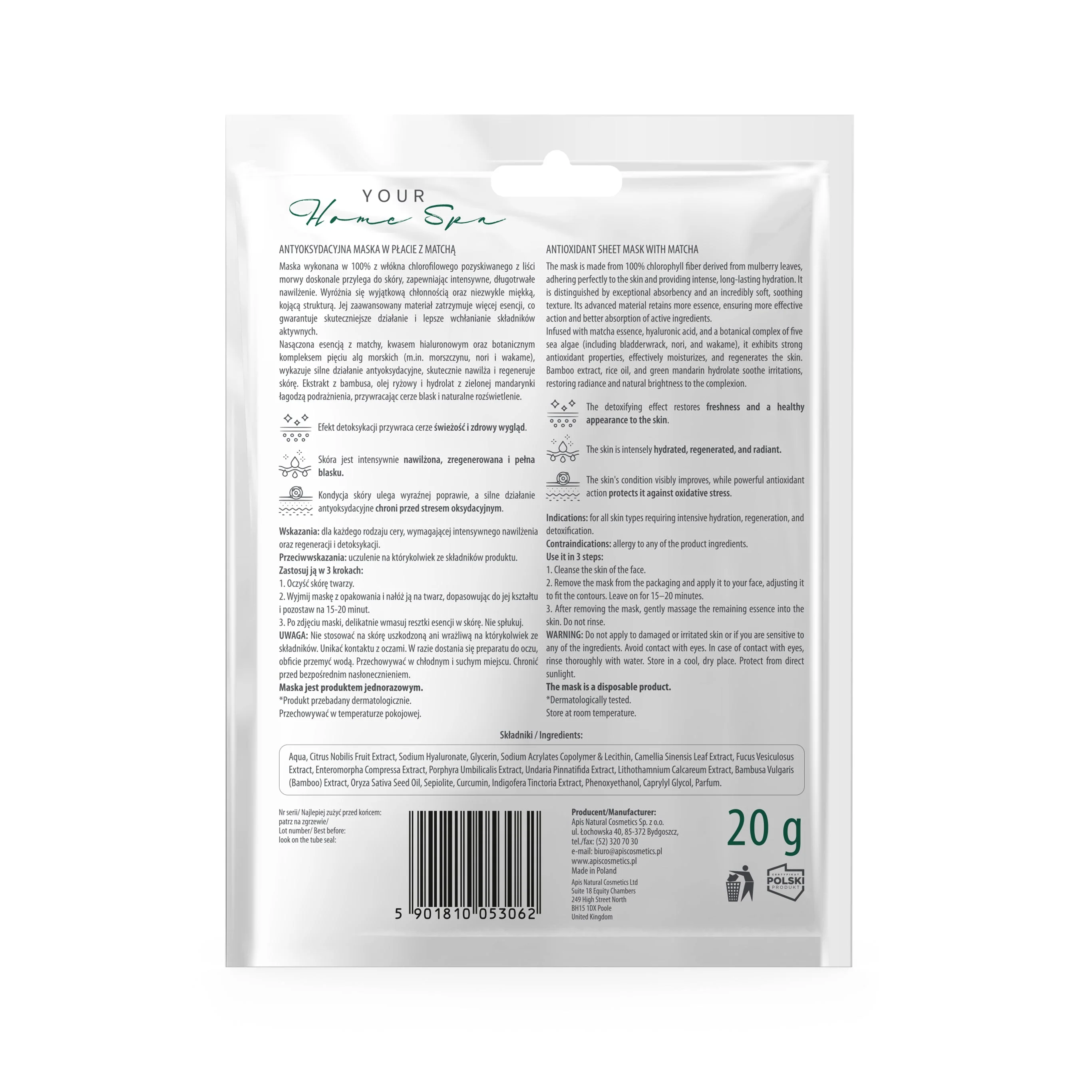 Apis Antioxidant Sheet Mask with Matcha - Revitalising Care | 20g - Image 2