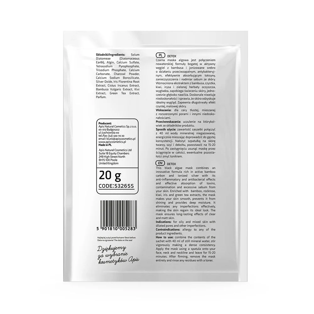 Apis Detox Algae Mask | Bamboo Charcoal & Ionised Silver | 20 g - Image 2