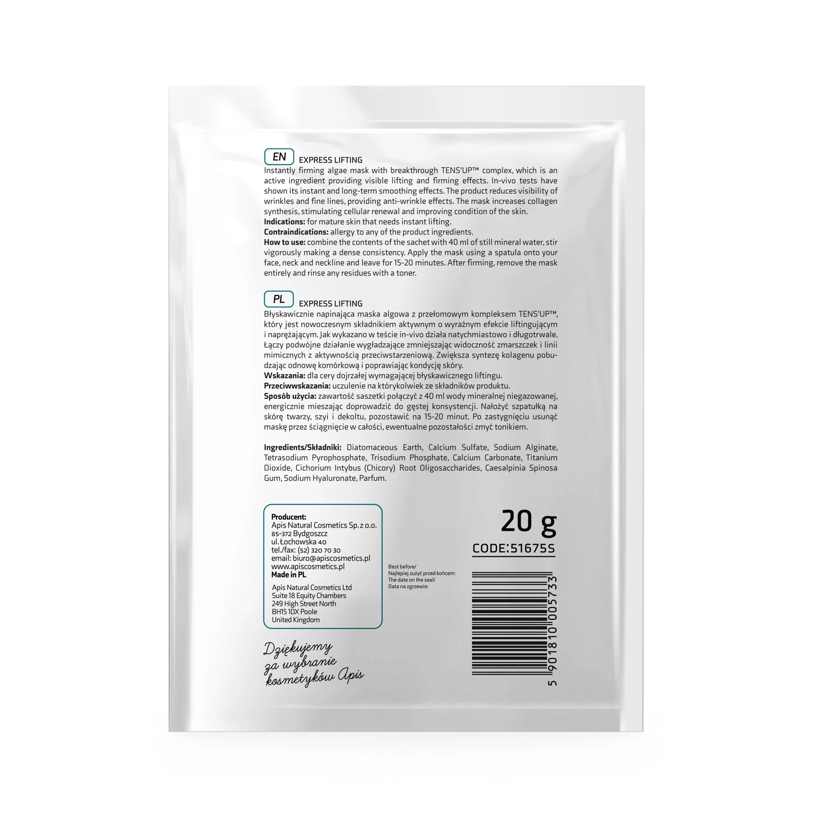 Apis Express Lifting Intensively Firming Algae Mask with Tens’Up Complex | 20g - Image 2