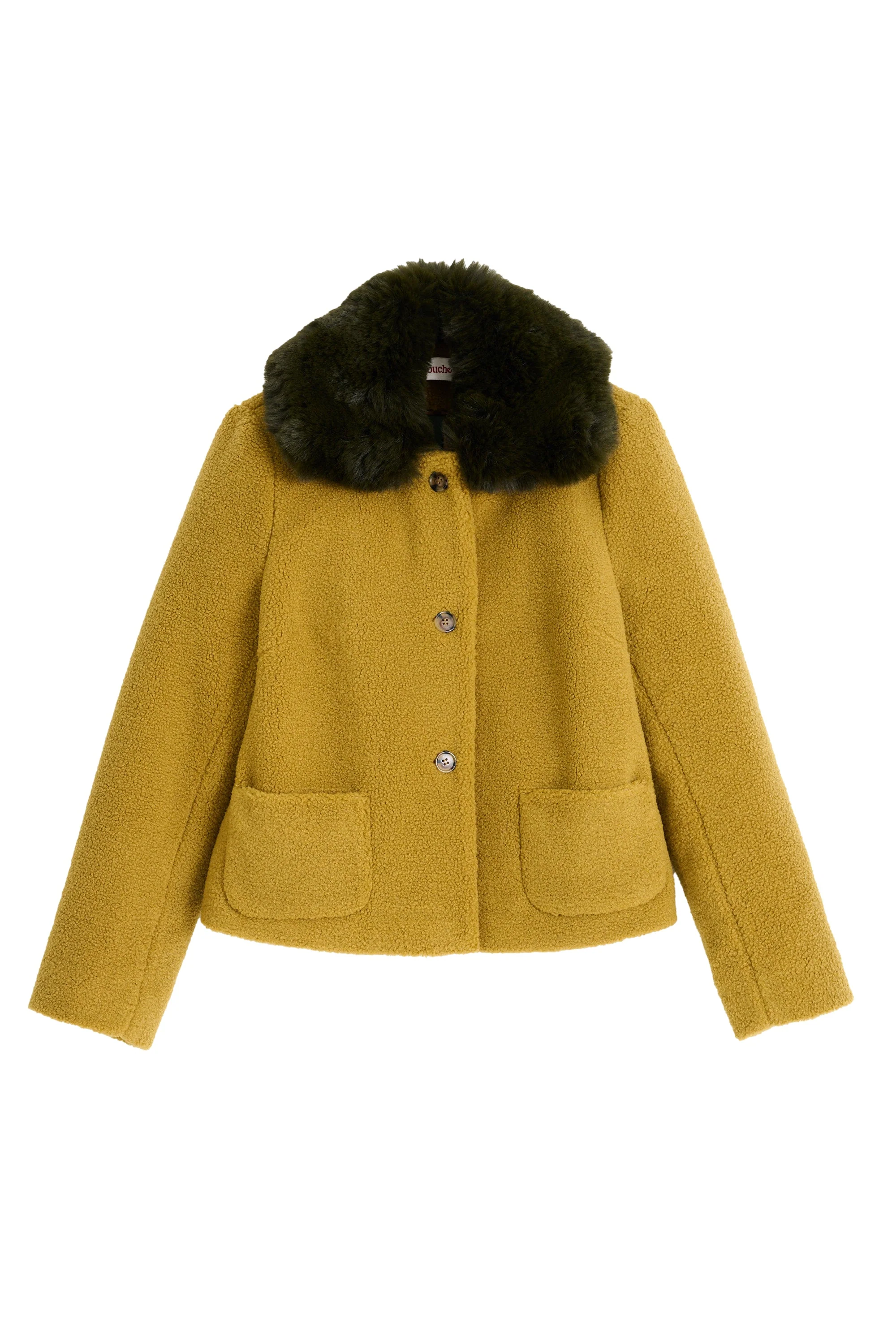 Apple Borg Faux Fur Collar Cropped Jacket – Mustard - Image 9