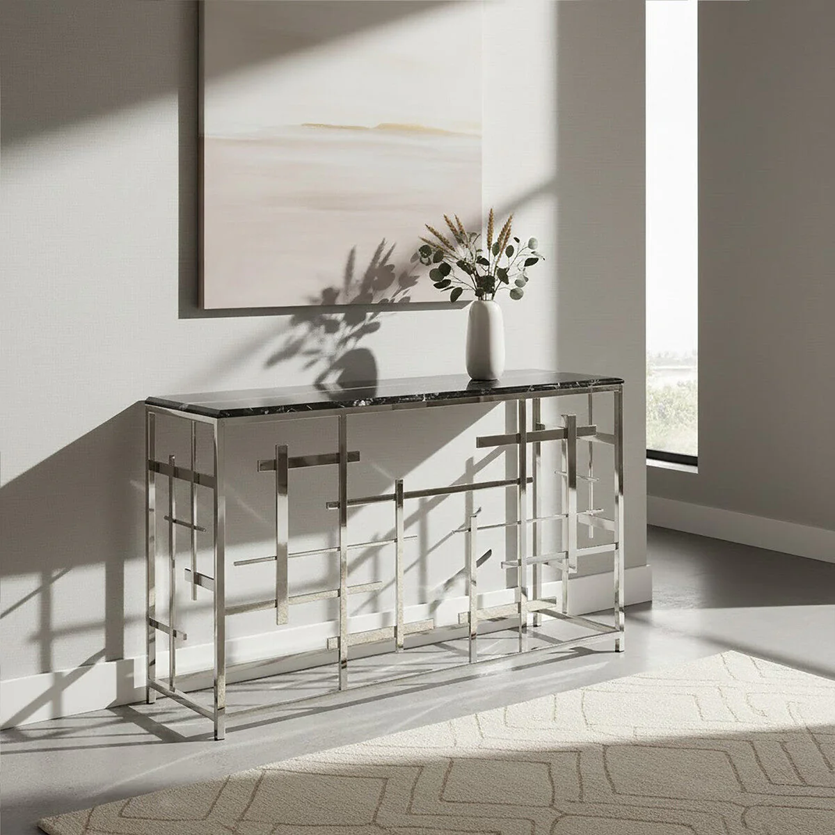 Black Marble Top Console Table with Silver Finish Geometric Stainless Steel Base, Aprilia - Image 3