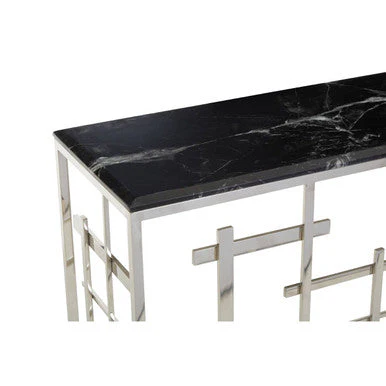 Black Marble Top Console Table with Silver Finish Geometric Stainless Steel Base, Aprilia - Image 7