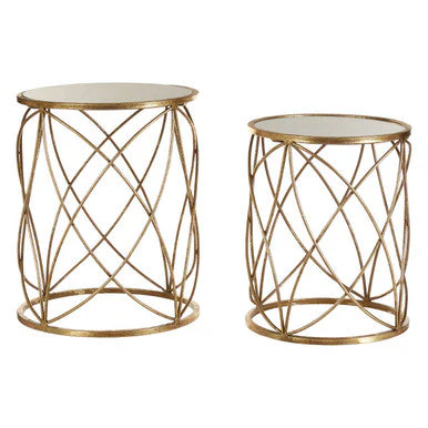 Set of 2 Round Mirrored Glass Top Side Tables with Gold Metal Frame, Arcana - Image 2