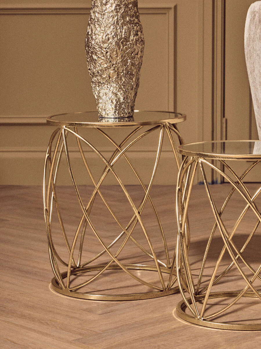 Set of 2 Round Mirrored Glass Top Side Tables with Gold Metal Frame, Arcana - Image 3