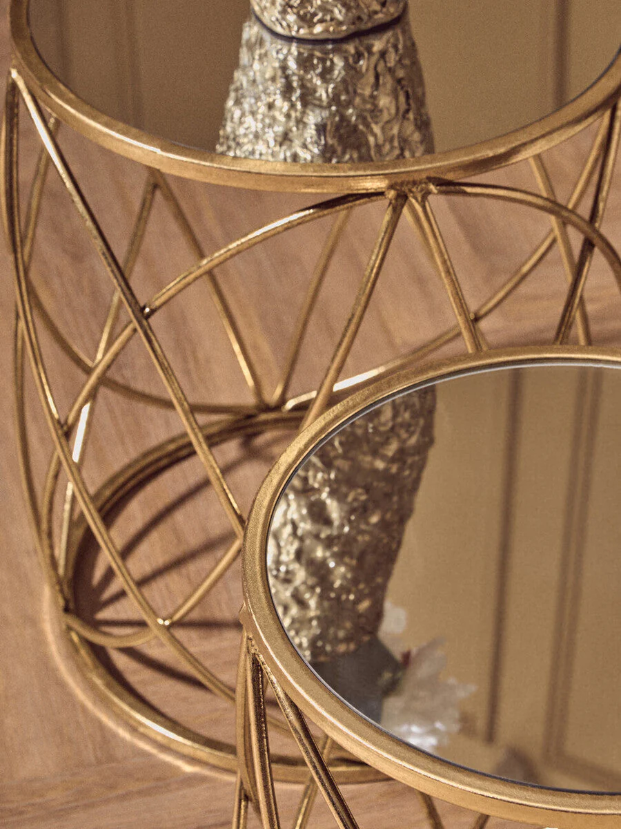 Set of 2 Round Mirrored Glass Top Side Tables with Gold Metal Frame, Arcana - Image 5