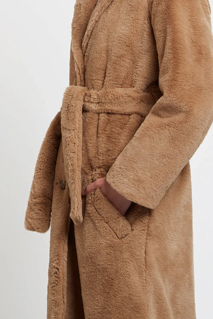 Arinette Faux Fur Tie Waist Coat - Camel - Image 4