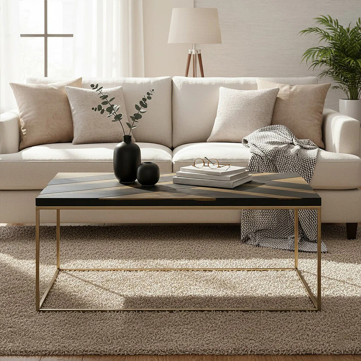 Aris Black and Gold Striped Acacia Wood Coffee Table with Interconnected Metal Legs, Aris - Image 3