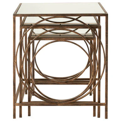 Mirrored Glass Top Nest of 3 Tables with Bronze Finish Metal Frame, Avantis - Image 2