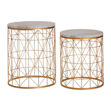 Set of 2 White Marble Top Round Side Tables with Gold Geometric Open Frame Bases, Avantis - Image 2