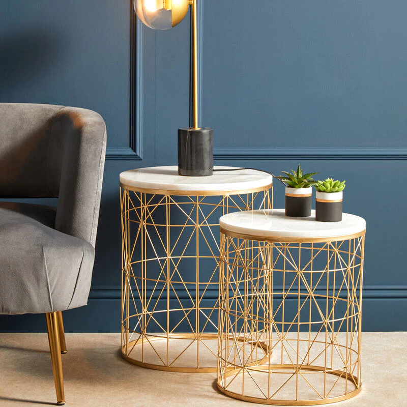 Set of 2 White Marble Top Round Side Tables with Gold Geometric Open Frame Bases, Avantis - Image 3