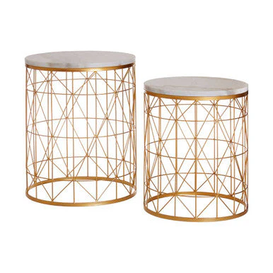 Set of 2 White Marble Top Round Side Tables with Gold Geometric Open Frame Bases, Avantis - Image 4