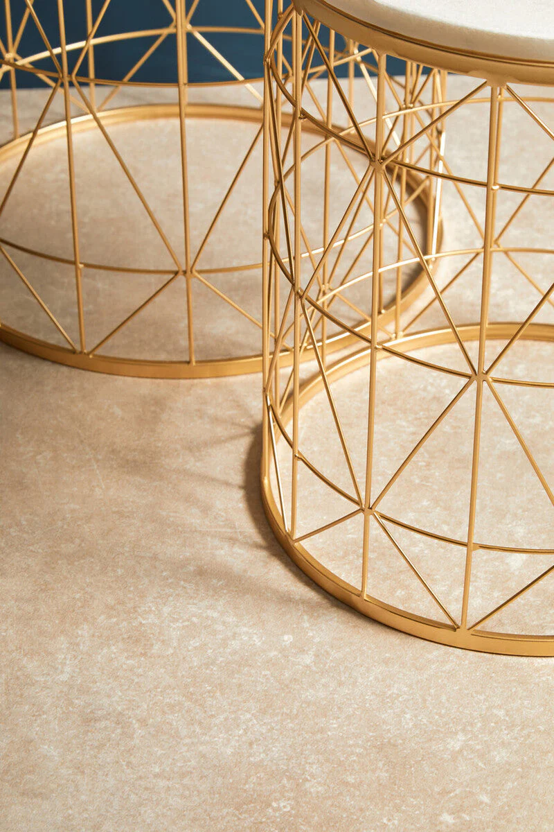 Set of 2 White Marble Top Round Side Tables with Gold Geometric Open Frame Bases, Avantis - Image 7